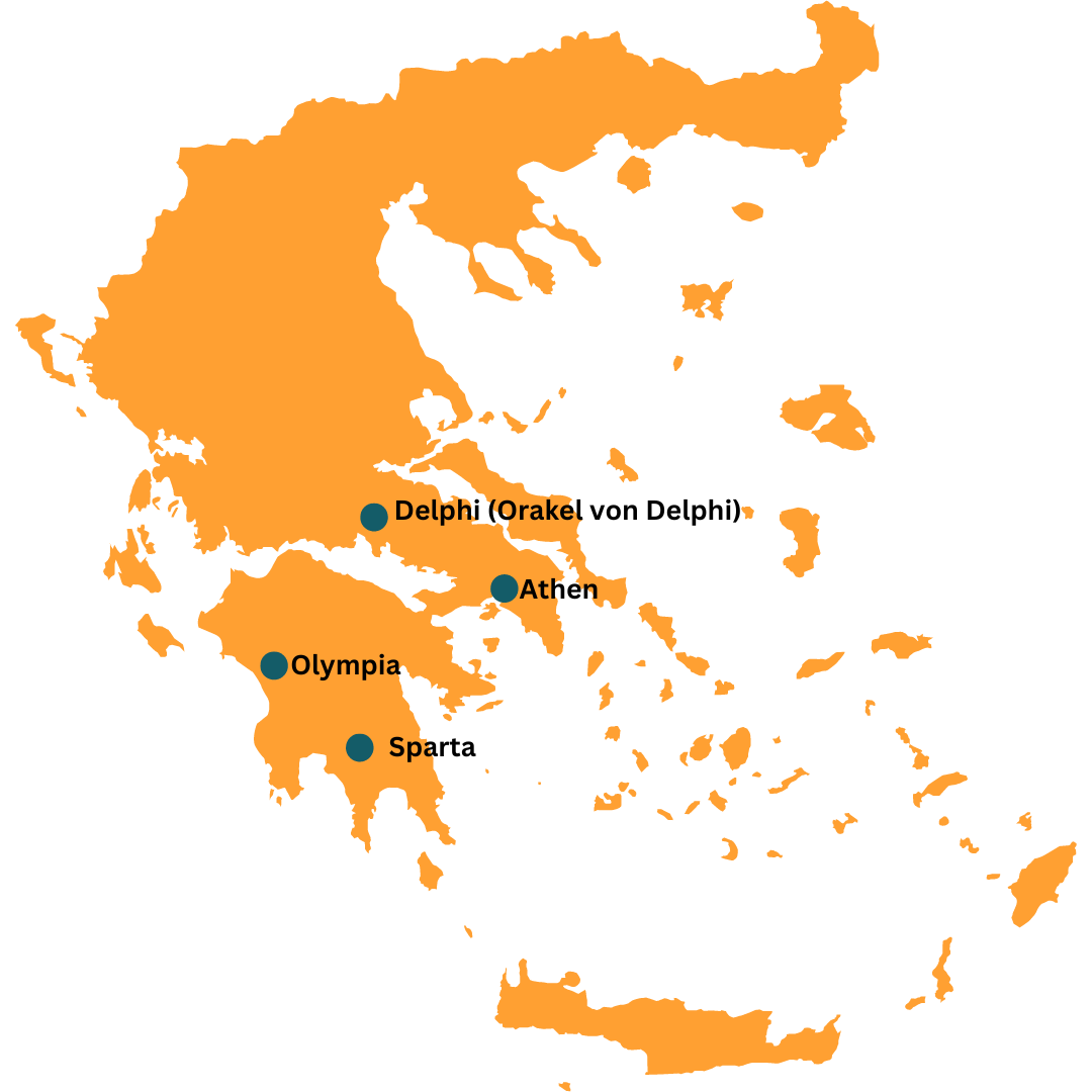 Eine Karte, die die antiken Staedte Athen, Sparta, Delphi und Olympia zeigt.