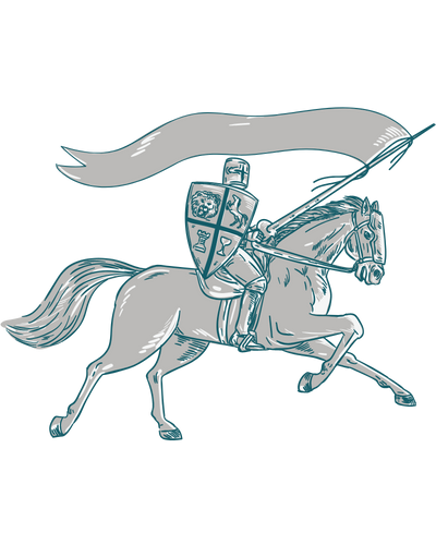Ritter reitet mit Schild und Flagge in der Hand . Auf dem Schild ist ein Wappen abgebildet.