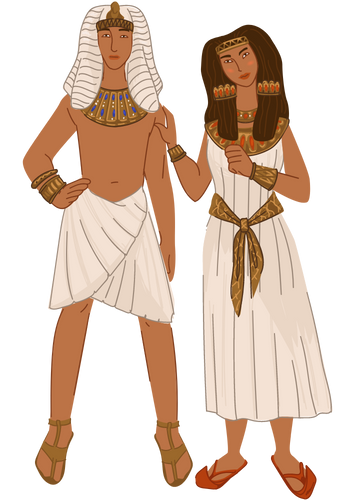 Ein aegyptischer Mann mit weissem Kopftuch und Halsschmuck. Eine Frau in einem weissen Kleid und Halsschmuck.