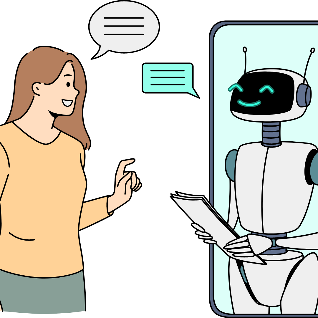 Ein Mensch der mit einem Roboter spricht.