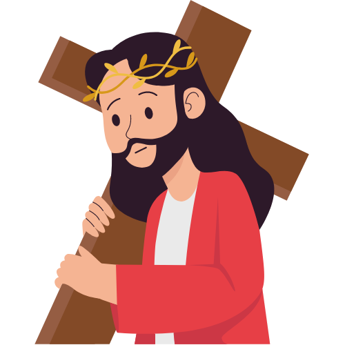 Das Bild zeigt eine Zeichnung im cartoonstil, das Jesus mit Kreuz zeigt.