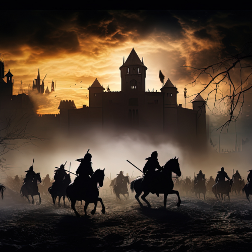 eine Burg bei Nacht, vor der Burg sind viele Ritter, die sich zur Schlacht bereit machen.
