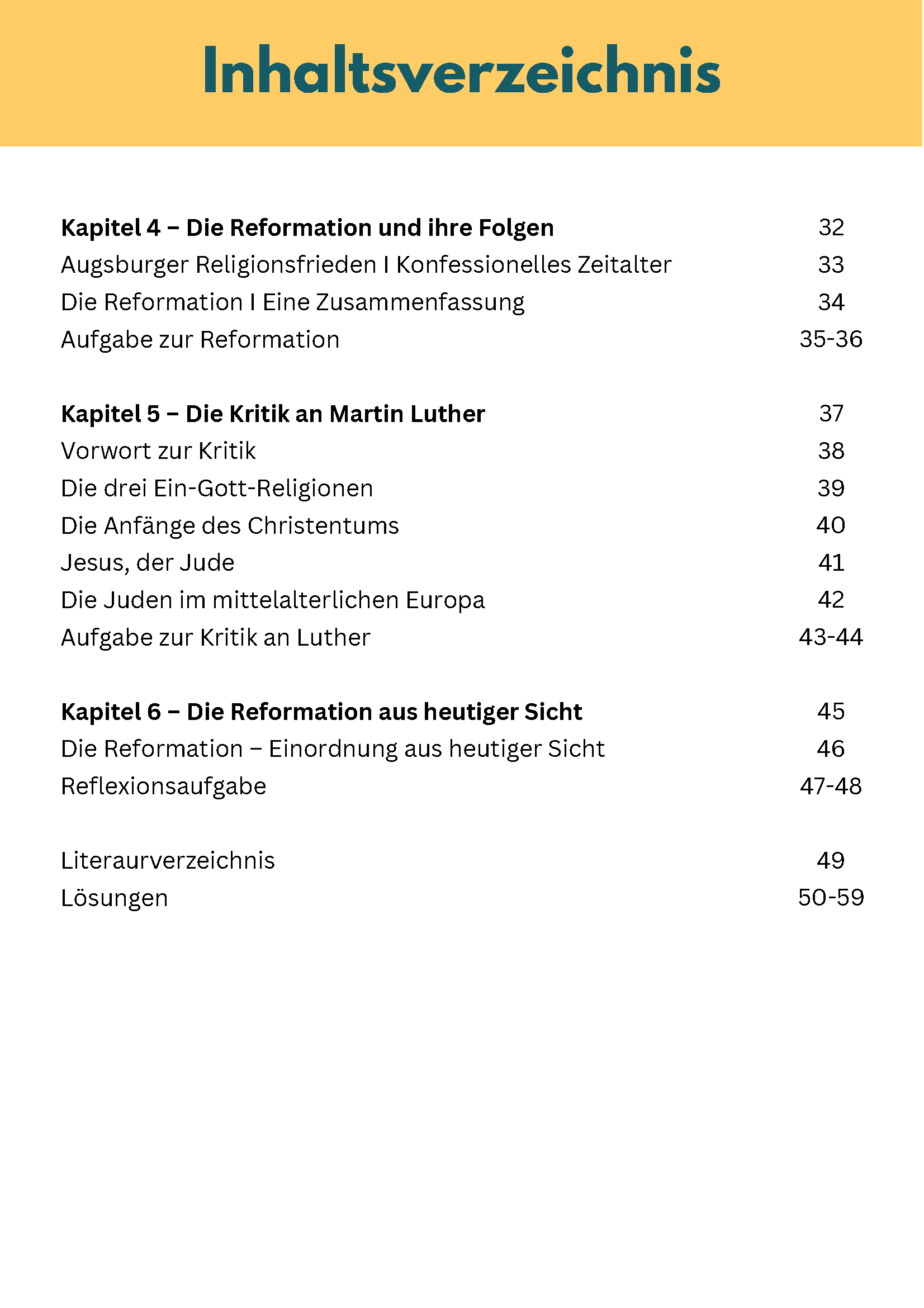 Inhaltsverzeichnis vom Arbeitsheft Reformation