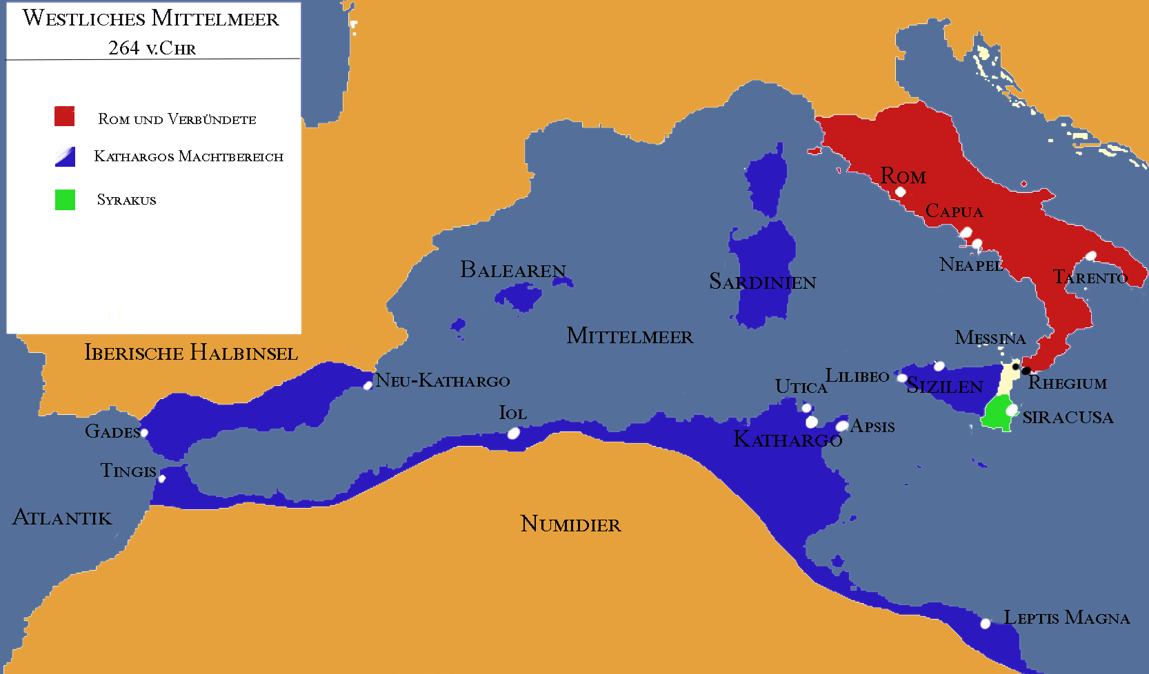 Zeichnung Landkarte vom roemischen und karthagischen Reich 264 v. Chr.