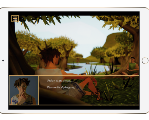 Display auf dem iPad zeigt eine Szene aus dem Playbooks Griechische Antike von History Voices