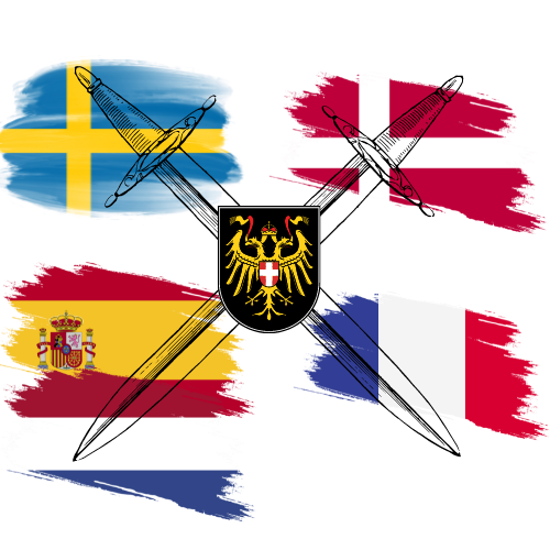 zwei gekreuzte Schwerter als zeichen fuer krieg. dahinter sind die flaggen von schweden, daenemark, spanien, frankreich, niederlande und das Wappen der Familie der Habsburger zu sehen.