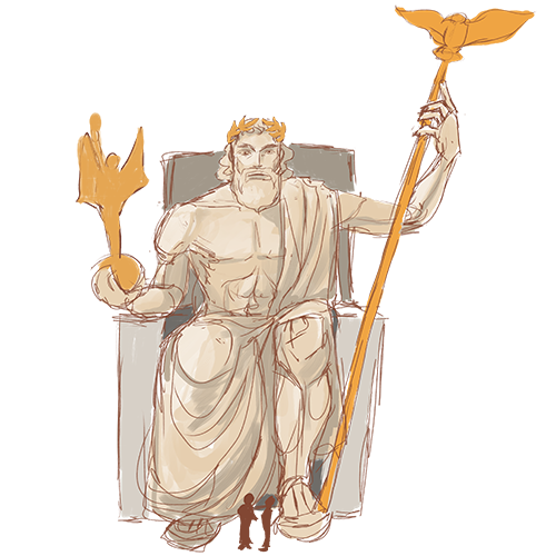 Karikatur und Bild der Statue Zeus
