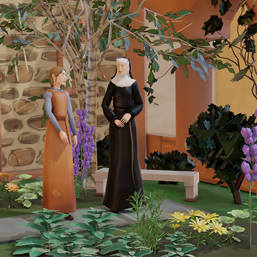 Grafik im Lowpoly-Stil zeigt eine Nonne und eine Novizin