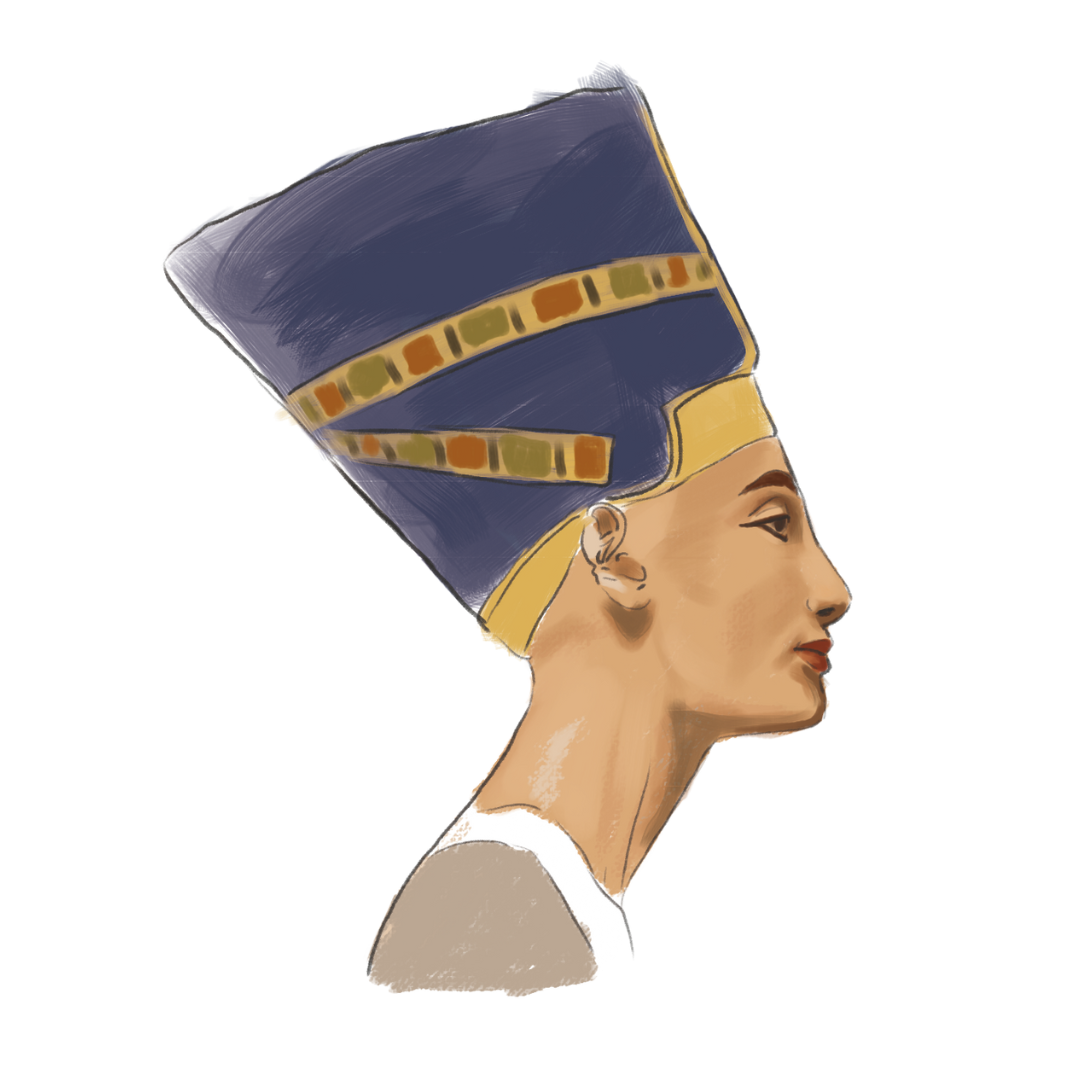 Das Bild zeigt im Profil die Bueste von Pharaonin Nofretete. Sie war die Ehefrau von Pharao Echnaton und regierte politisch mit.