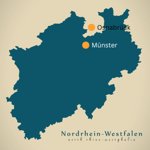 Landkarte von NRW. Zwei Punkte zeigen, wo Osnabrueck und Muenster liegen.