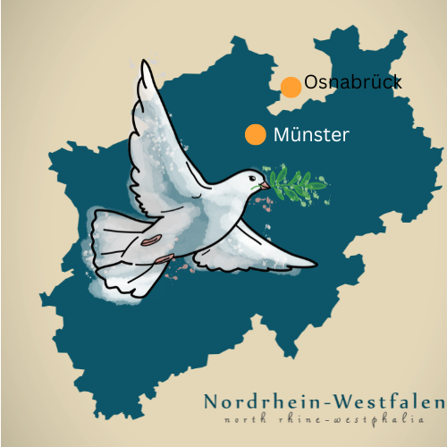 Eine Landkarte von NRW. Davor ist eine weisse Friedenstaube. Zwei Punkte zeigen, wo Muenster und Osnabrueck liegen.