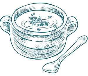 Das Essen der Römer Ein Topf mit Suppe als Zeichnung in blau-gruen..